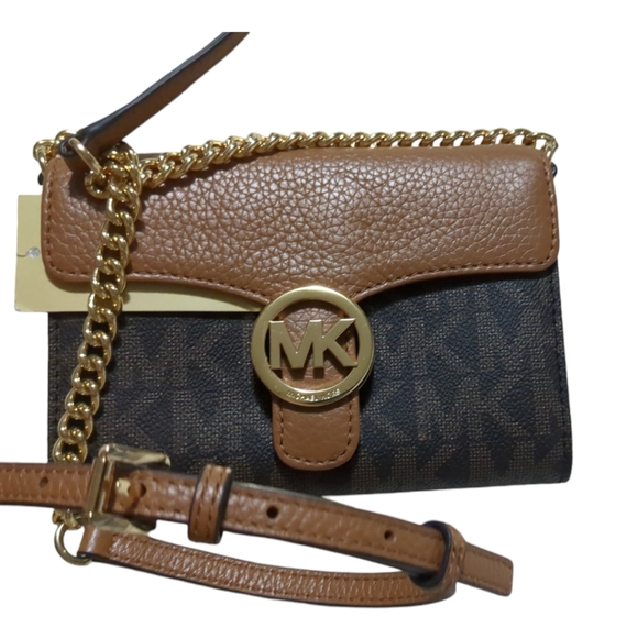 *New*Michael Kors Monogram Black & Tan Leather Crossbody Purse - Picture 11 of 16